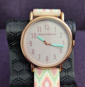 Skechers Rose Gold-Tone Watch with Mint Hands and Pastel Aztec Strap